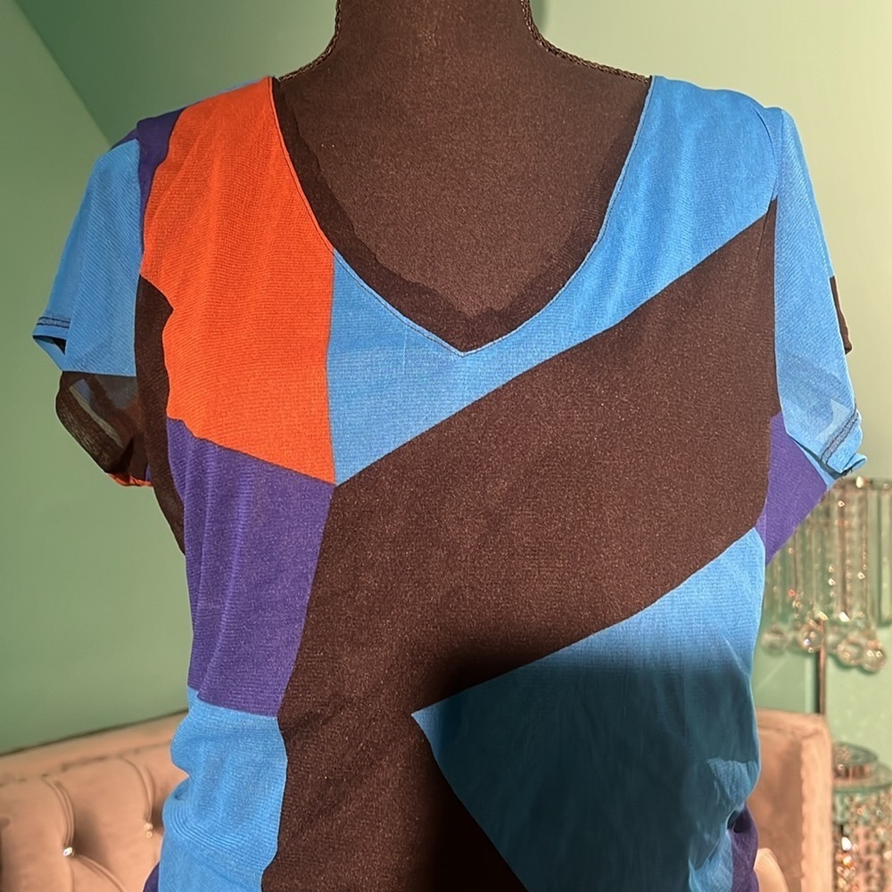 INC International Concepts -mesh overlay brown & blue abstract print top 💙🖤🤎 - Picture 5 of 7
